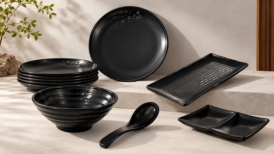 Matte black plates, a ribbed bowl, a rectangular platter, a divided dish and a soup spoon on a stone ledge