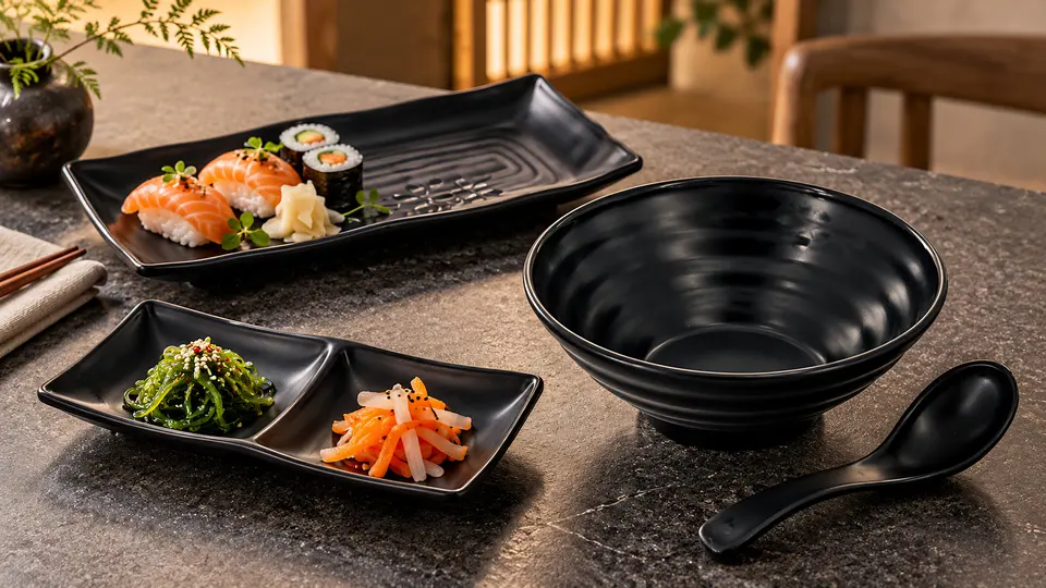 Black platter with sushi, a divided dish with side salads, a noodle bowl and a soup spoon