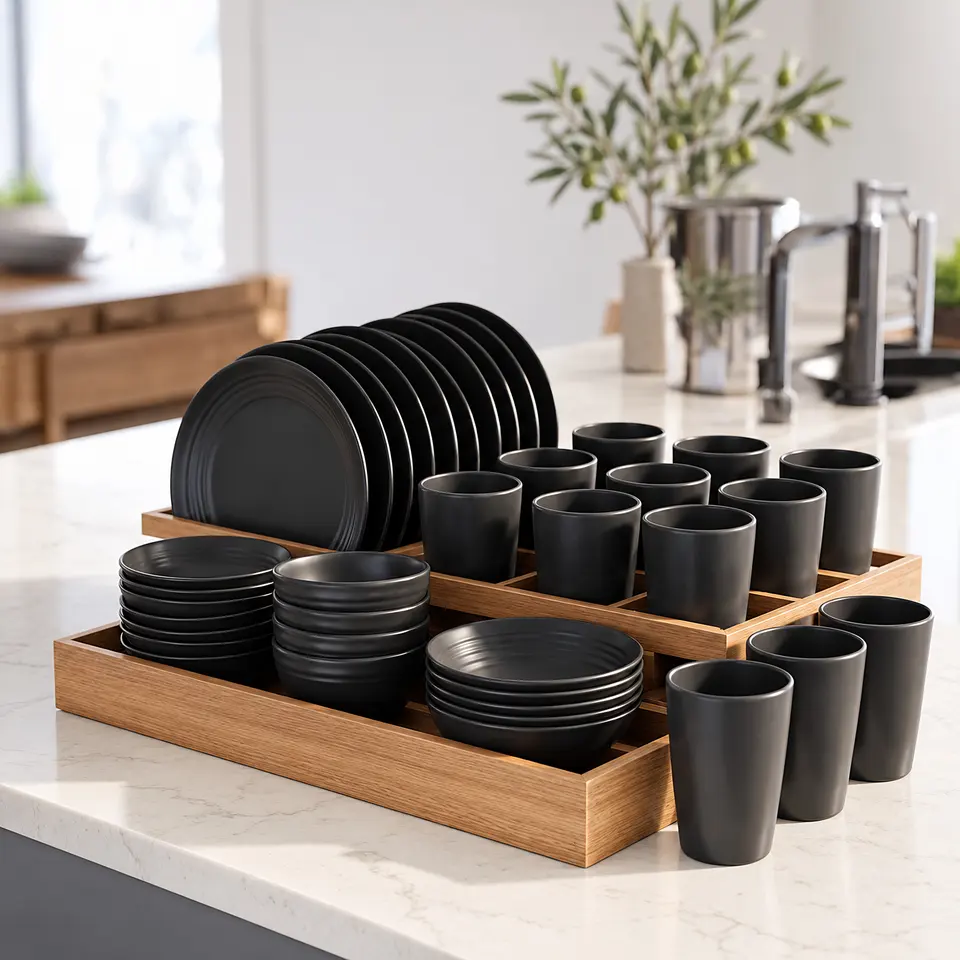 Matte black plates, bowls and tumblers arranged in a wooden organiser
