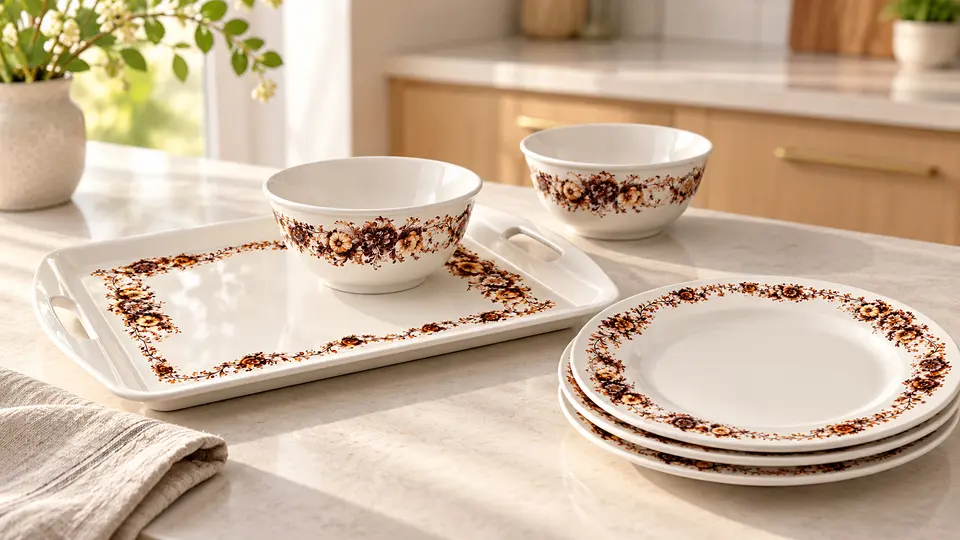 Floral border tray, bowls and stacked plates on a light kitchen counter