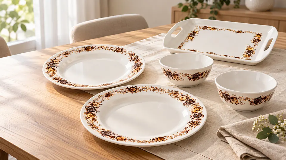 White plates, bowls and a handled tray with a brown floral border on a wooden dining table
