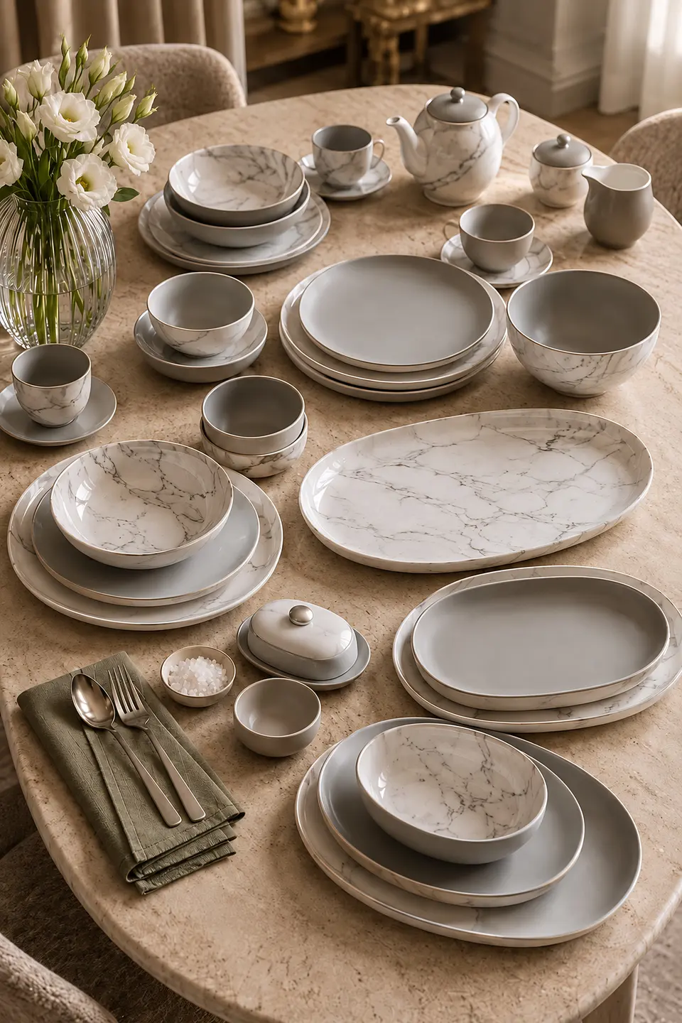 Grey and marble-pattern plates, bowls, oval platters and a teapot laid out on a round table