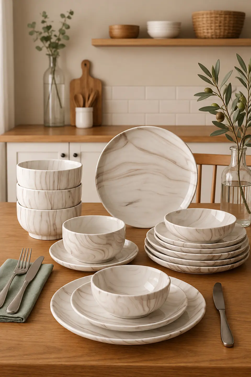 Marble-effect plates and bowls stacked on a wooden kitchen table