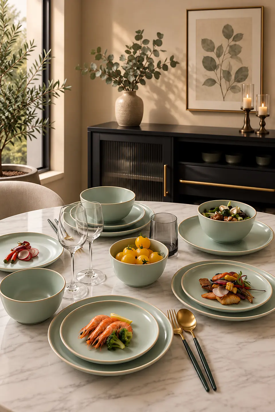 Sage green plates and bowls set for a meal on a marble dining table
