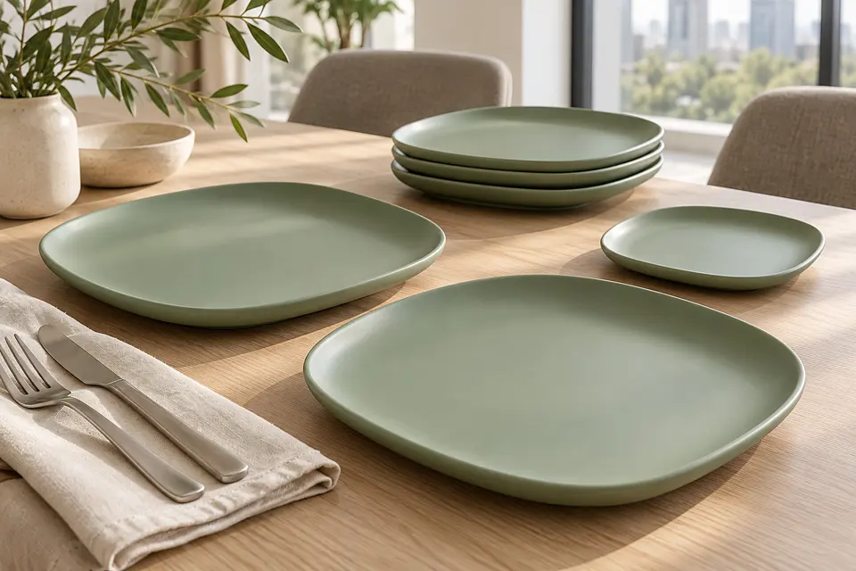Sage green rounded-square plates stacked and set on a light wooden dining table