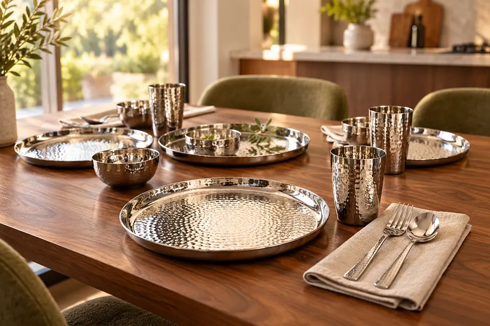 Hammered stainless steel plates, bowls and tumblers with a fork and spoon on a wooden dining table