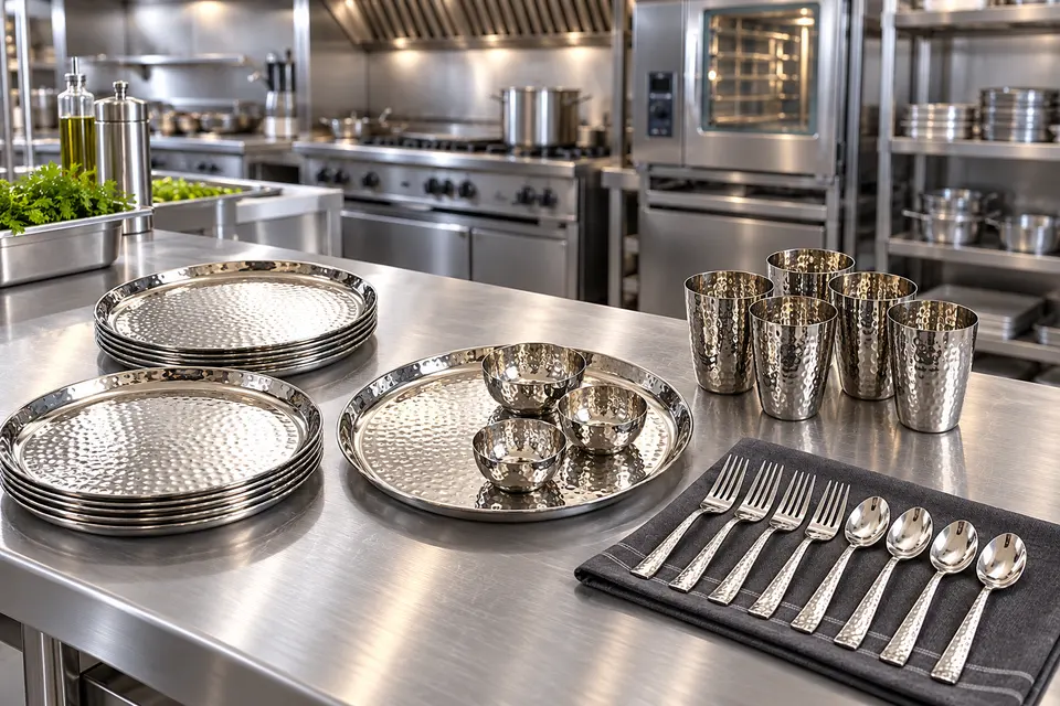 Hammered stainless steel plates, bowls, tumblers, forks and spoons on a steel counter in a commercial kitchen