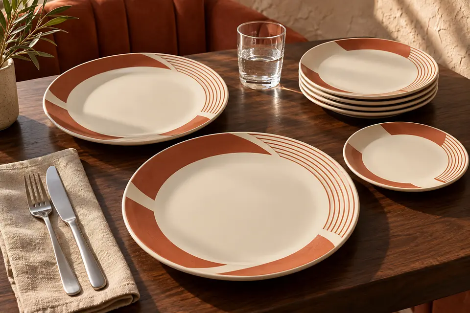 Cream plates with a terracotta band and line pattern on a dark wooden table, with cutlery and a stack of side plates