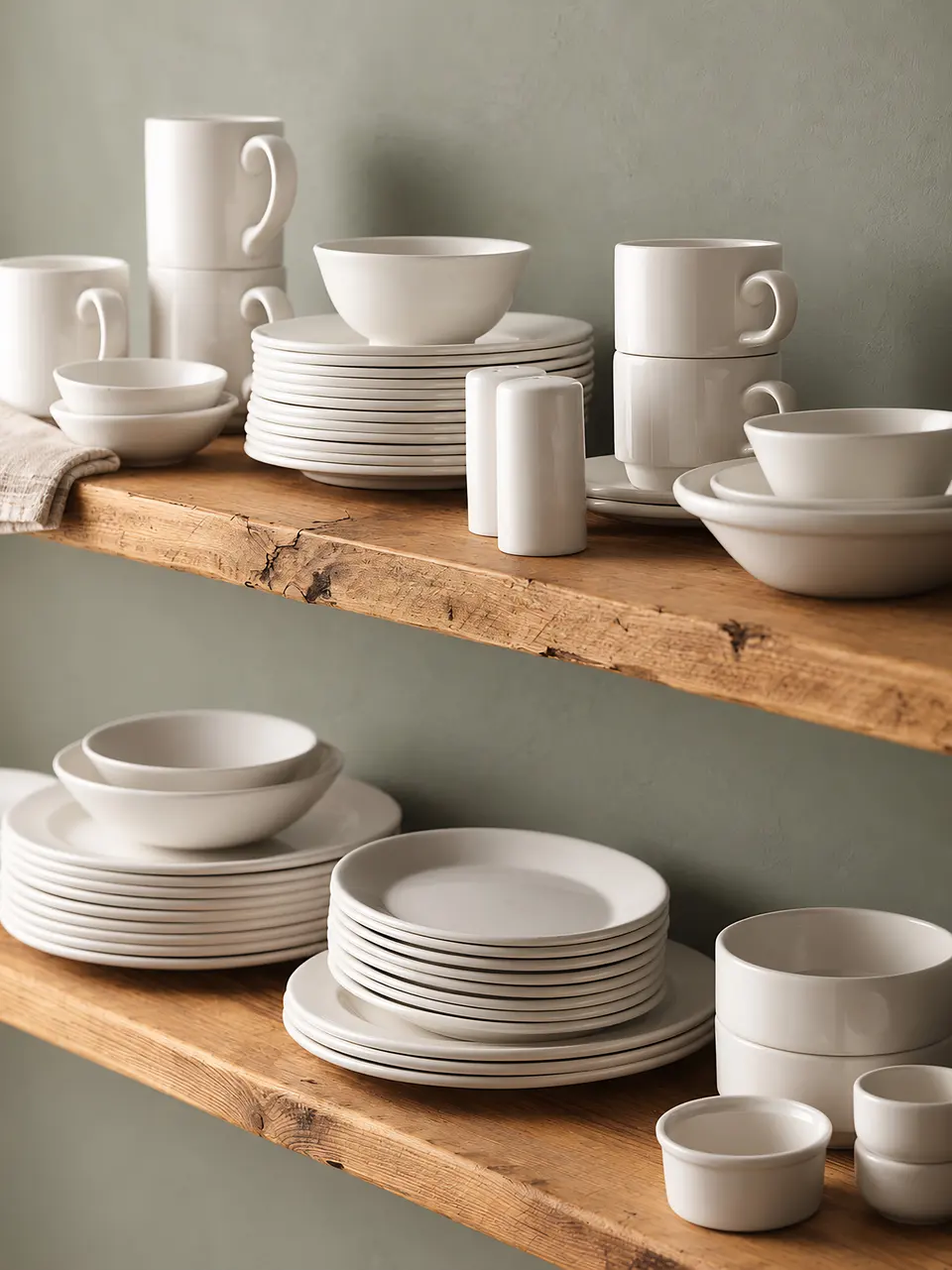 Stacks of white plates, bowls and mugs on wooden shelves