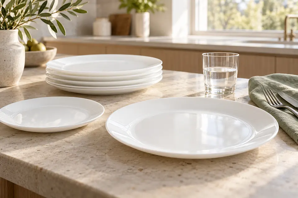 Plain white dinner and side plates stacked on a stone kitchen counter beside a glass of water