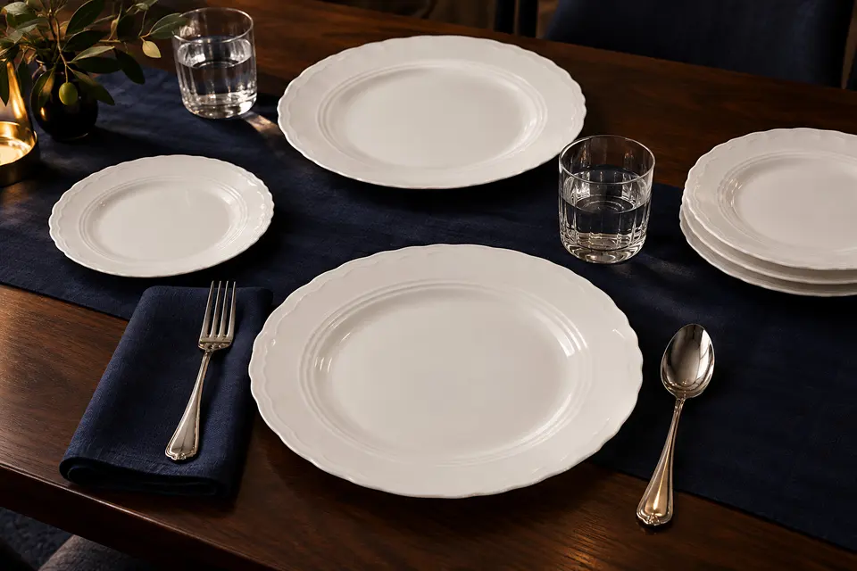 White plates with a scalloped rim on a navy table runner, with glasses, a fork and a spoon